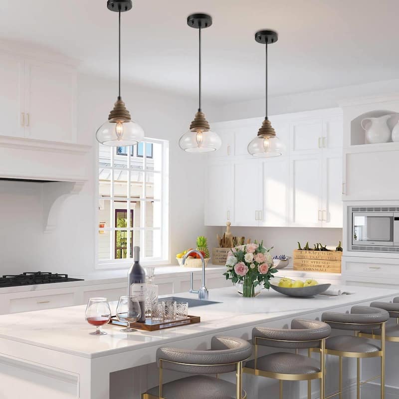 Modern Farmhouse 1-Light Wood Pendant Glass Lights for Kitchen Island