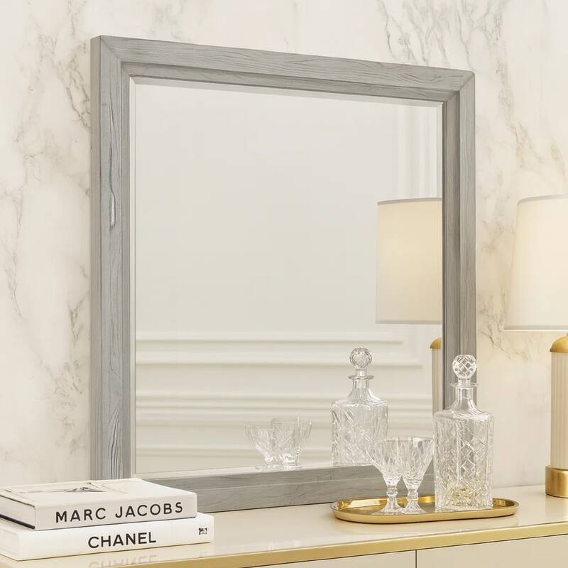 40 Inch Lou Rectangular Mirror, Wood Frame, Grain Details, Washed White