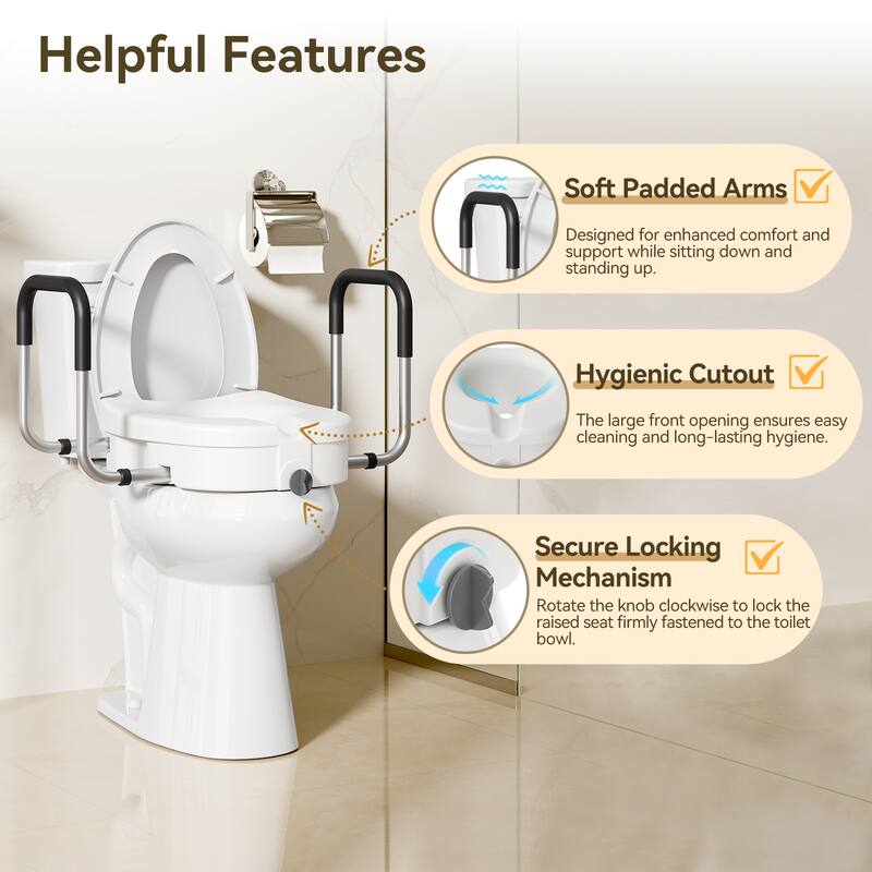 Raised Toilet Seat, 4.5" Riser with Adjustable Soft Padded Arms, Fits Most Elongated Toilets