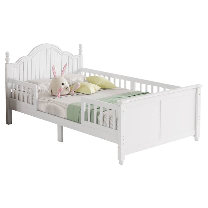 Kids Wooden Platform Bed with Headboard and Footboard, Low Profile Bed Frame with Removable Guardrail Design