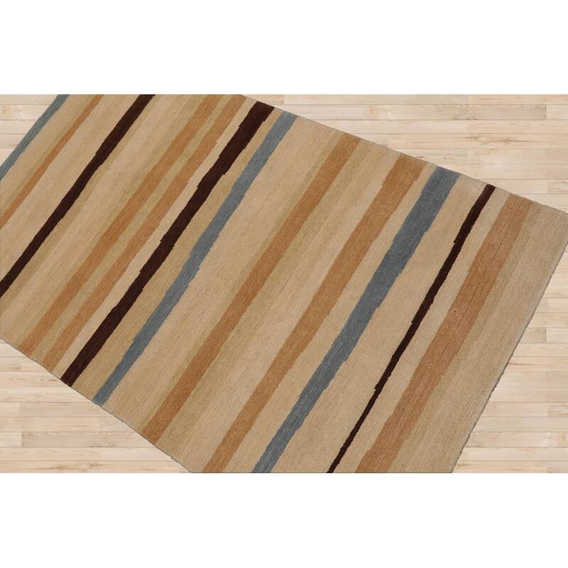 Hand Knotted Tibetan Beige,Tan Striped Wool Modern Oriental Area Rug - 3' x 5'