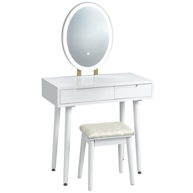 Gymax Makeup Vanity Dressing Table Set w/ Touch Screen Padded Stool - White