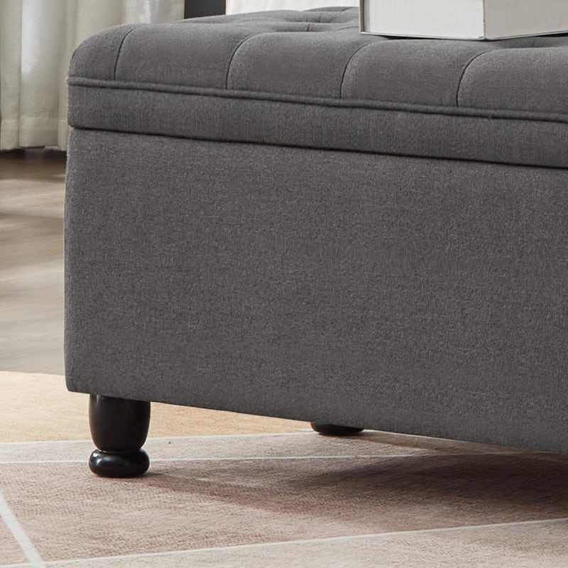Elegant Linen Fabric Bed Bench, Tufted Button Seat with Spindle Legs - Dark Gray