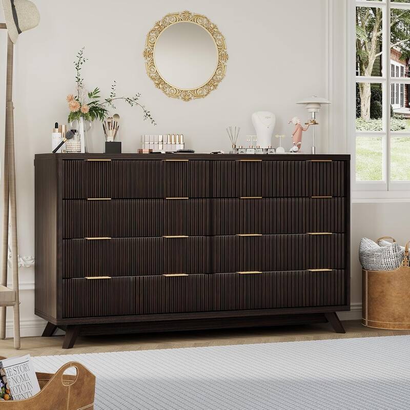 54" Wide Modern Curved Profile Fluted Dresser with 8 Drawers - Brown