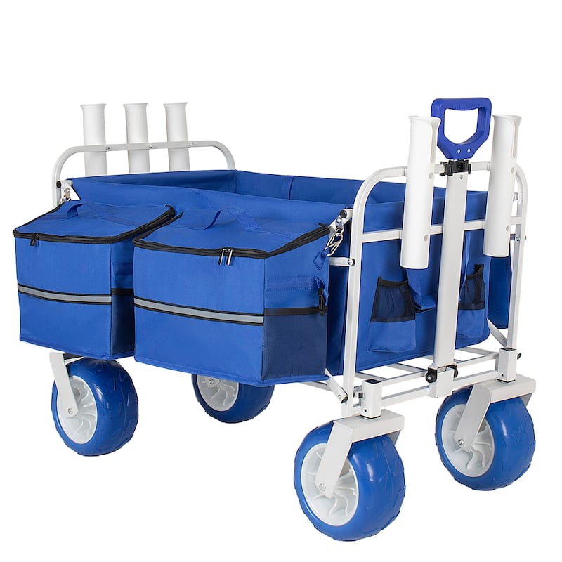 Beach Wagon Cart with Rod Holders and 9" All-Terrain Wheels, 500lbs Heavy Duty Collapsible Folding Wagon, Adjustable Handle - Blue