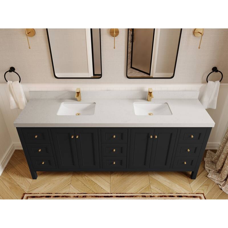Willow Collections 84 in. W x 22 in. D Nashville Double Bowl Sink Bathroom Vanity with Countertop - 2”Carrara Quartz - Black