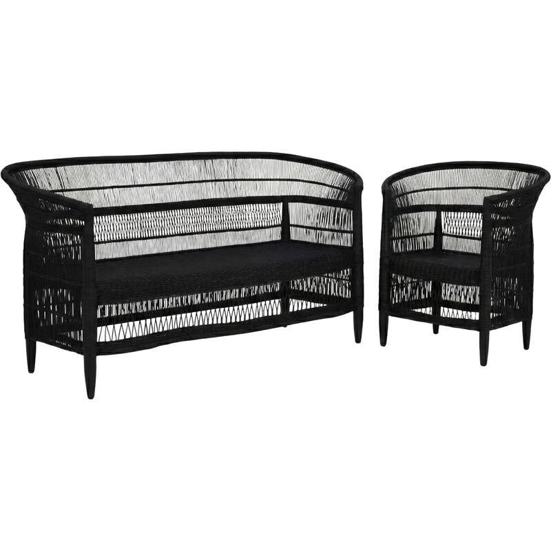 100% Handwoven Natural Rattan 2-Piece Indoor Seating Set with Chair and 3-Seater Settee, Solid Wood Frame, Boho Farmhouse