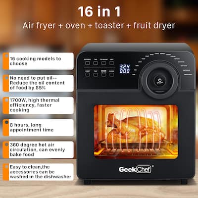 15 Qt. Black Air Fryer Oven with Rotisserie,Dehydrator, 8 Accessories