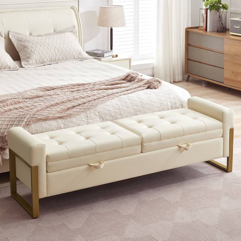 66" Storage Bench King Size End of Bed with Double Lids and Gold Legs - Beige - Faux Leather