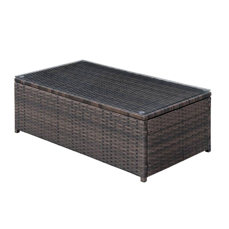 Rectangular Faux Rattan and Aluminum Coffee Table with Glass Top, Brown