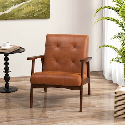 Mid Century Accent Chair Tufted Armchair Solid Rubber Wood Brown/Black