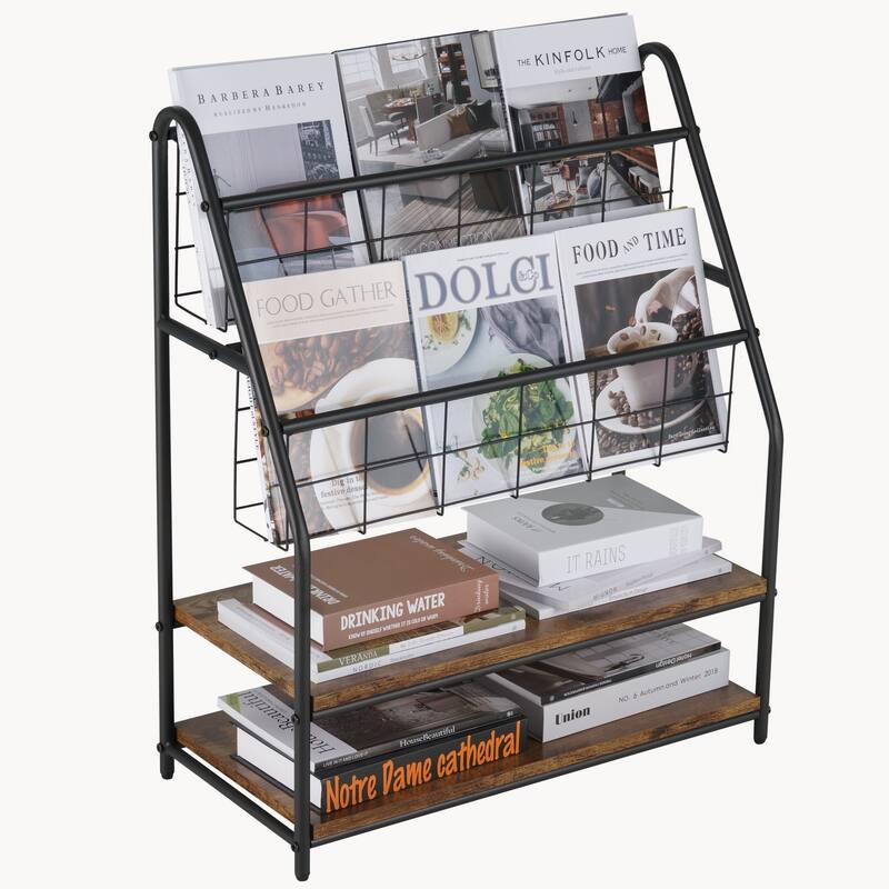 VECELO 29.53" H 4-Tier Metal Frame Magazine Rack Open Shelf Bookcase Storage Organizer for Living Room - Brown