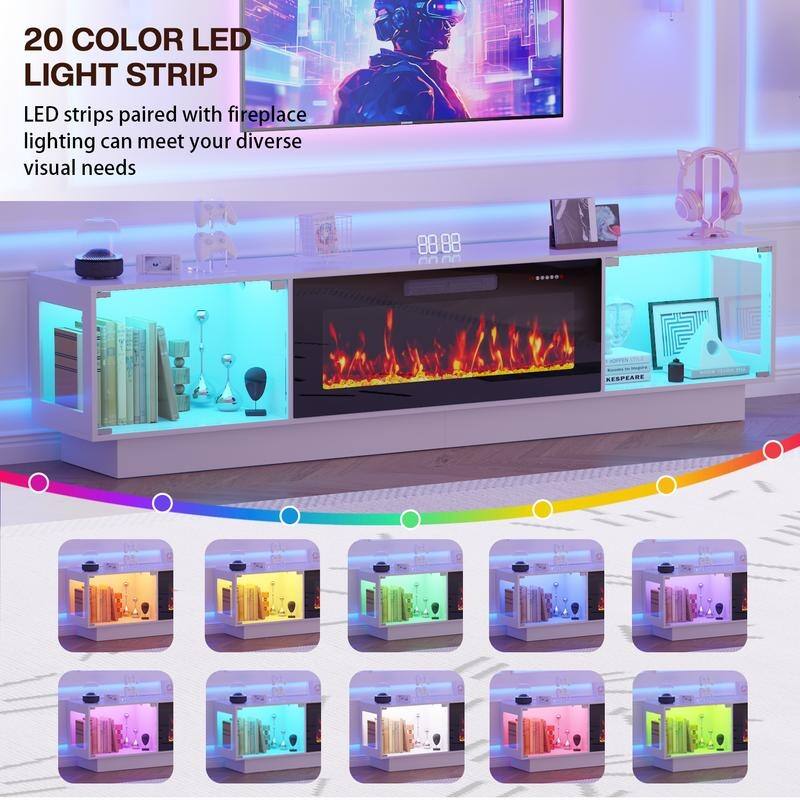 BOSSIN 80" Fireplace TV Stand with Adjustable LED Lights, Modern Entertainment Center with Glass Door Storage Cabinet, Black