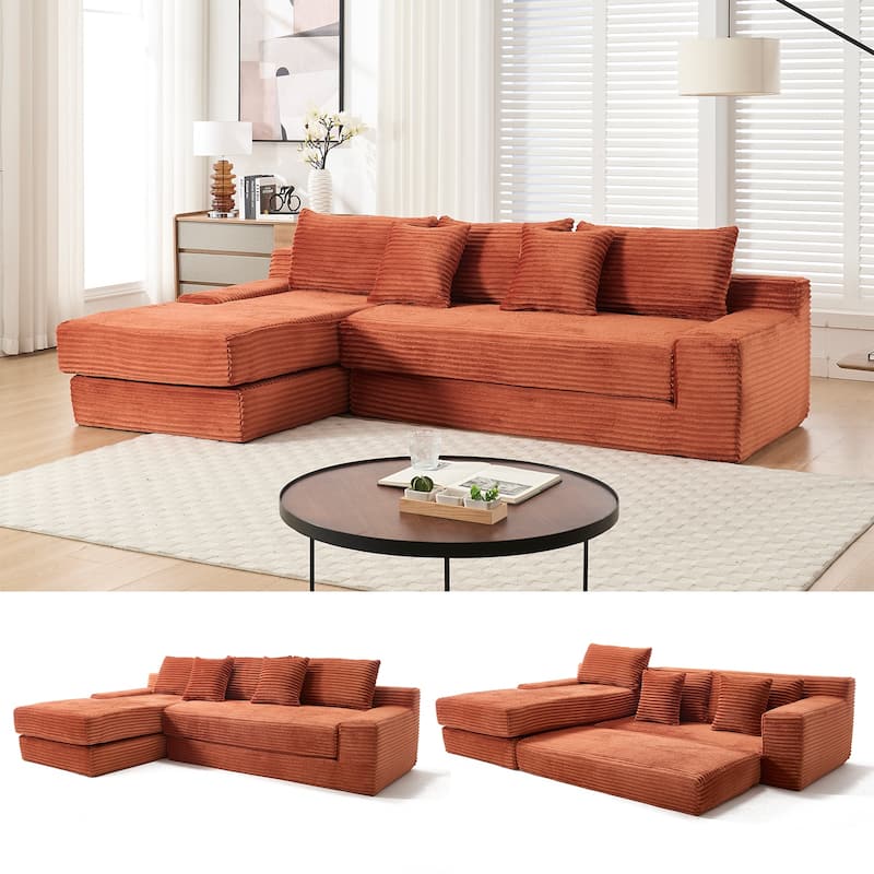 Light Corduroy L-Shaped Sectional with Memory Foam, Sofa Bed