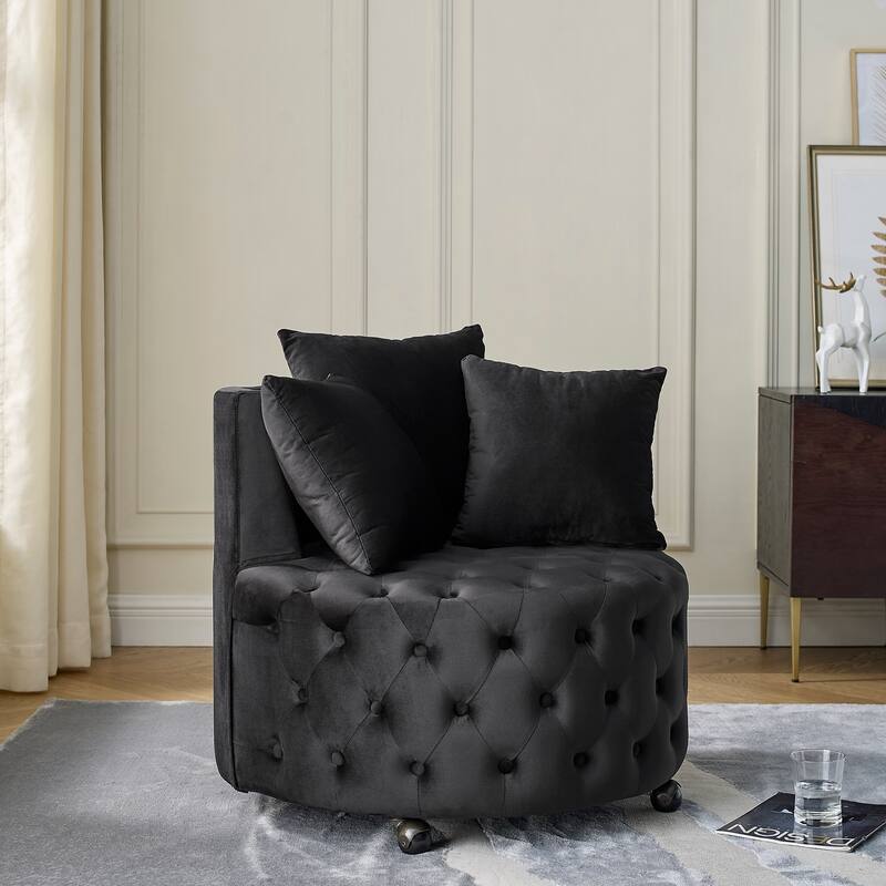 Roomfitters Velvet Swivel Chair with Tufted Button Design, Round Accent Chair with 3 Pillows and Wheels, Lounge Seating