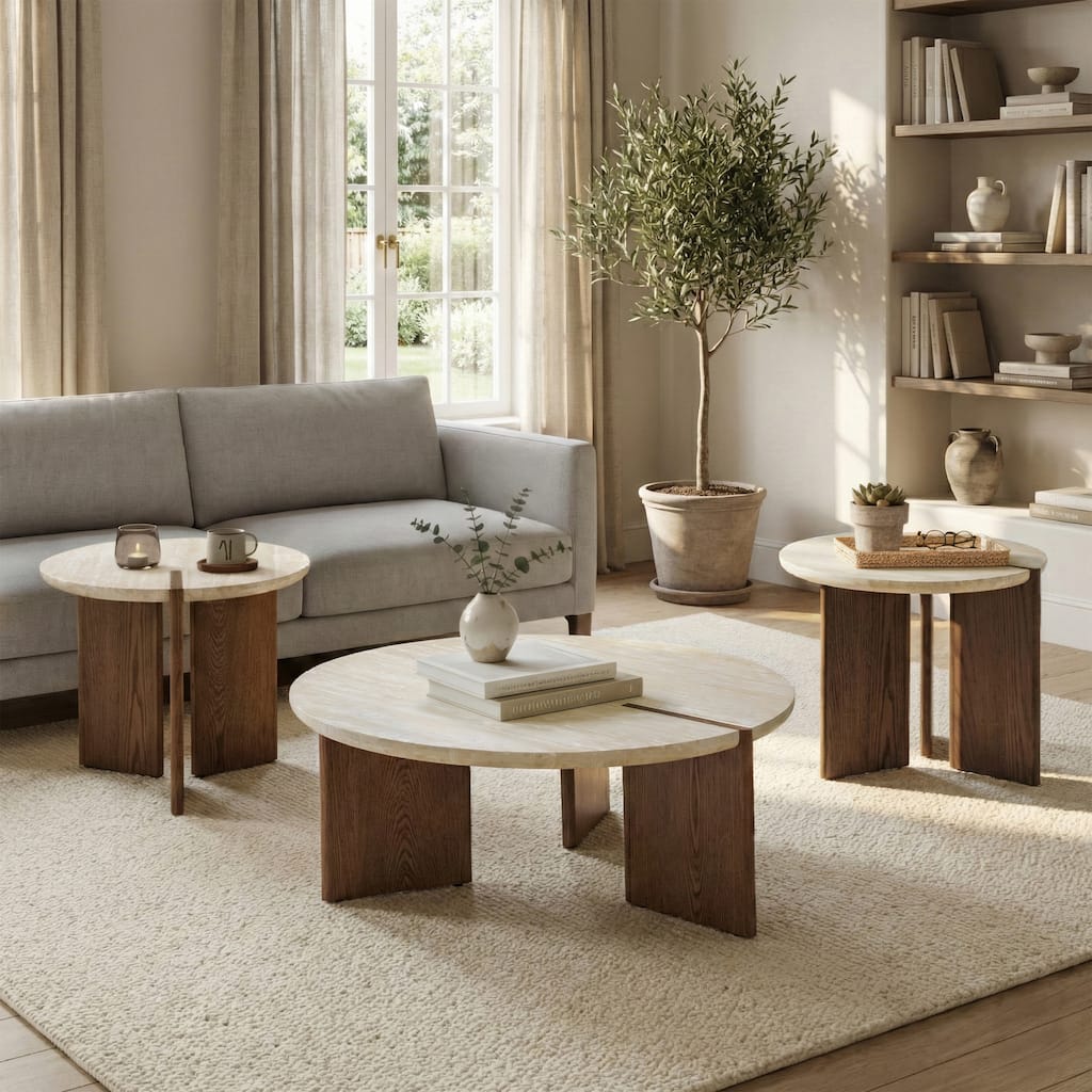 Furniture of America Elrik Modern Genuine Travertine Top 3-Piece Round Coffee Table Set