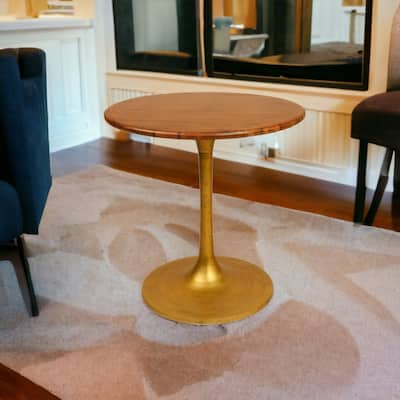 HomeRoots 30" Brown and Gold Rounded Solid Wood and Iron Pedestal Base Dining Table