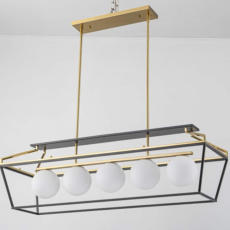 5-Light Modern Linear Chandelier in Matte Black and Brass Finish with Milky White Glass Globes for Dining Room or Kitchen Island