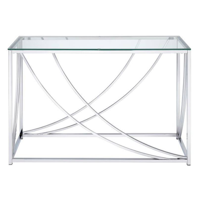 Glass Top Rectangular Sofa Table with Swooping Curves, Clear and Silver