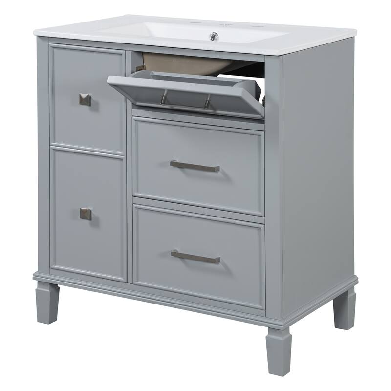 30 Inch Bathroom Vanity with Ceramic Sink, Flip-Out Drawer Design for Plumbing, Painted MDF Cabinet with Solid Wood Legs
