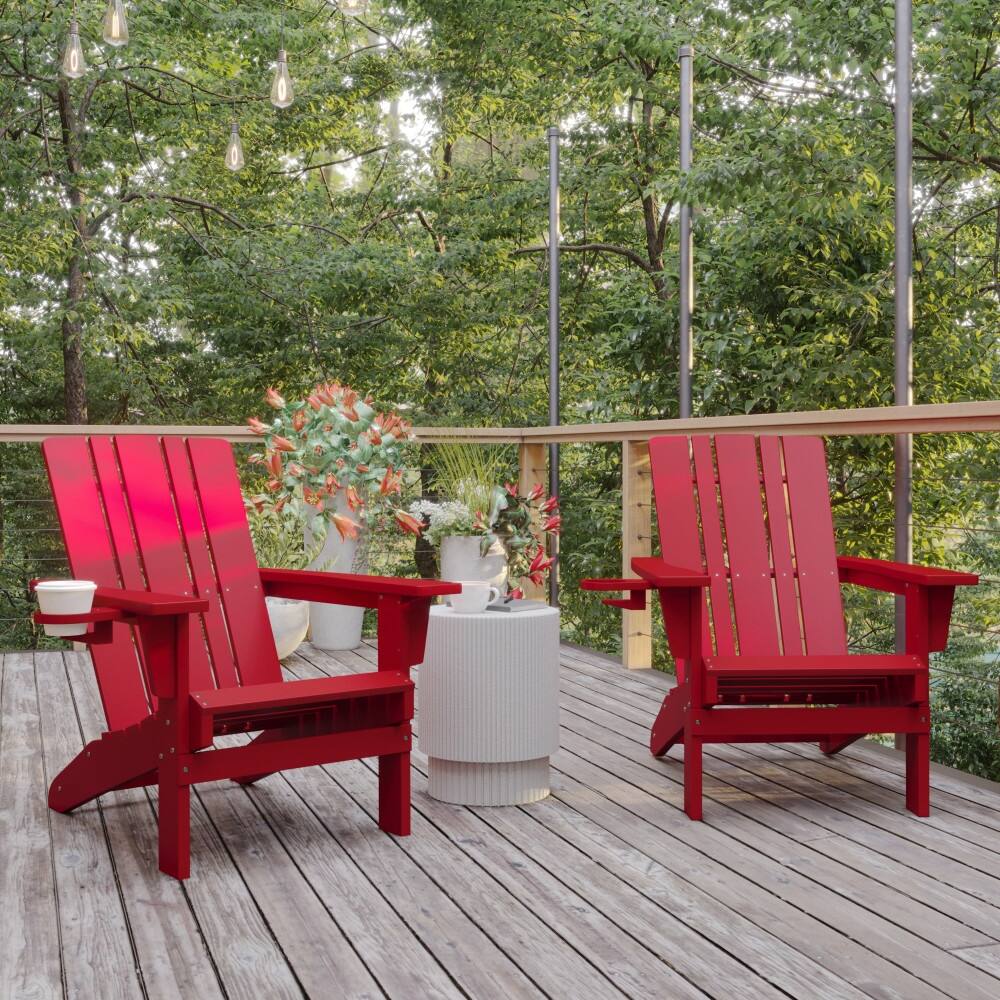 Set of 2 Commercial All-Weather Adirondack Chairs with Cupholders
