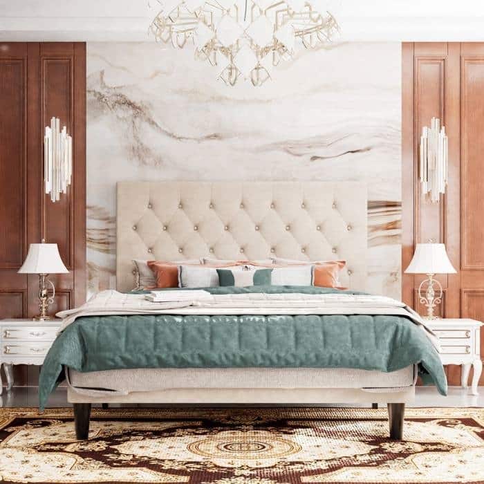 Low Profile Grey Linen Platform Bed with Button Tufted Headboard