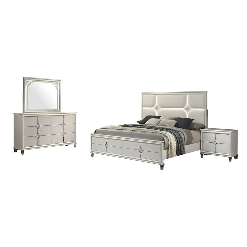 Upholstered Queen Bedroom Set with Acrylic Legs in Pearl White - 4 Piece