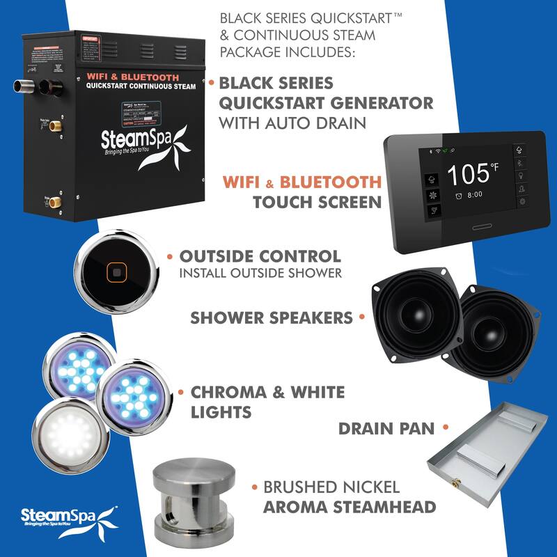 SteamSpa Black Series Bluetooth 9kW QuickStart Steam Bath Generator Package in Brushed Nickel
