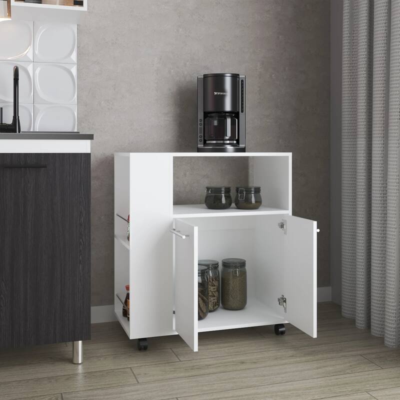 White Kitchen cart with Microwave Shelf and Open Storage - White