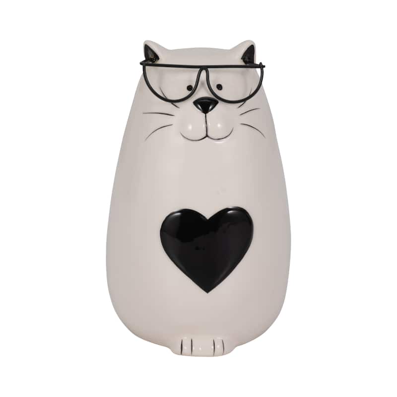 Sagebrook Home White/Black Ceramic 6" Heart Tummy Kitty Figurine with Glasses - 4" x 4" x 6" - 4" x 4" x 6" - Black/white
