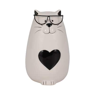 Sagebrook Home White/Black Ceramic 6" Heart Tummy Kitty Figurine with Glasses - 4" x 4" x 6"