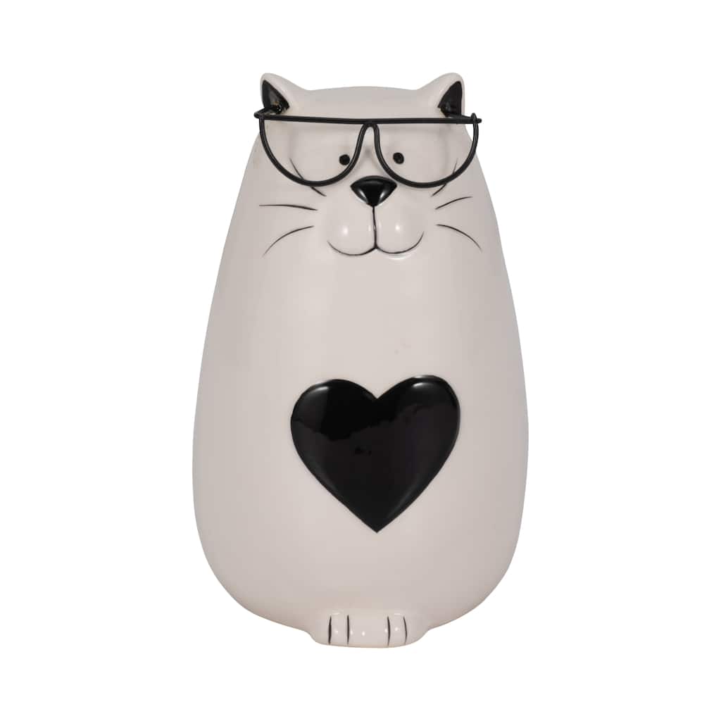 Sagebrook Home White/Black Ceramic 6" Heart Tummy Kitty Figurine with Glasses - 4" x 4" x 6"