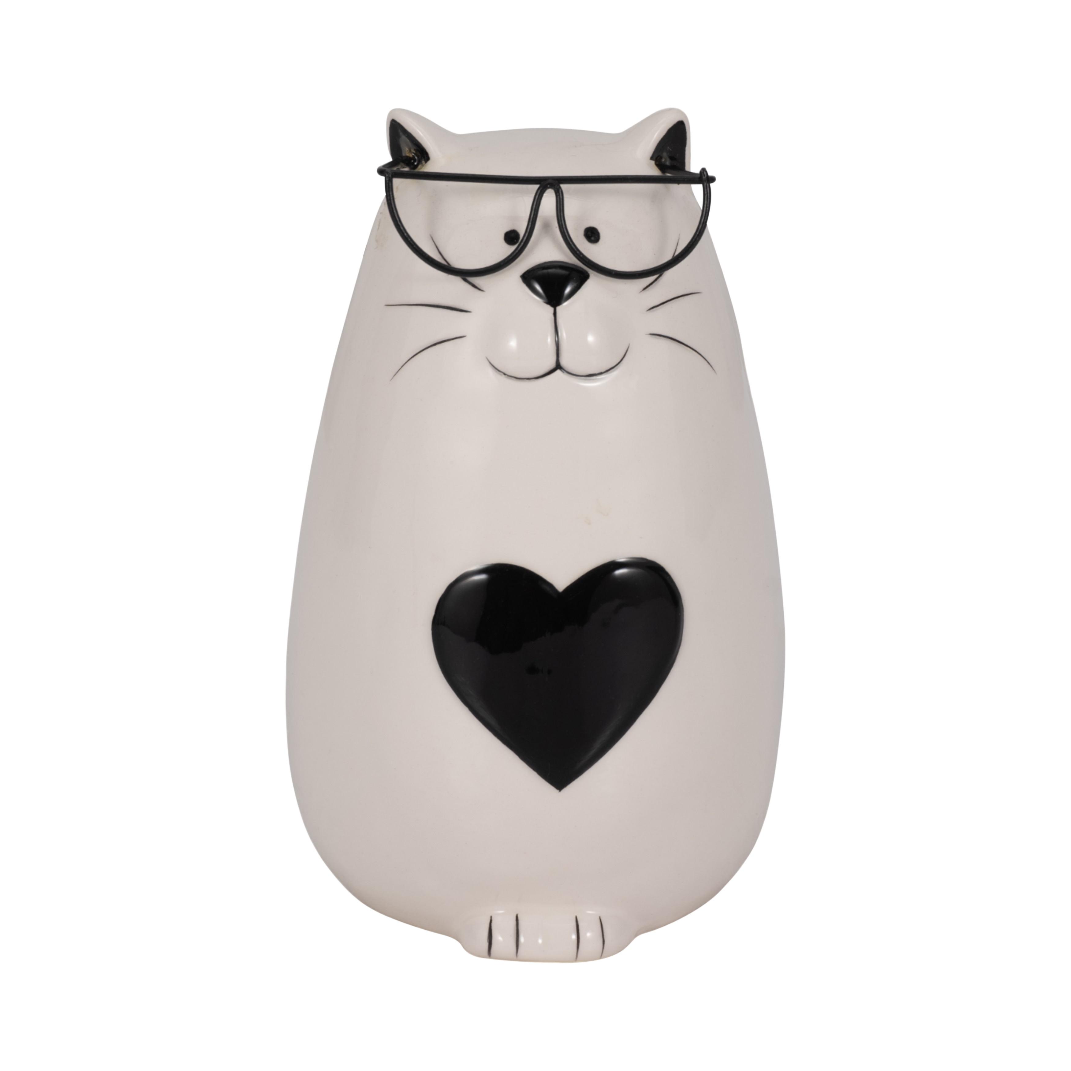 Sagebrook Home White/Black Ceramic 6" Heart Tummy Kitty Figurine with Glasses - 4" x 4" x 6"