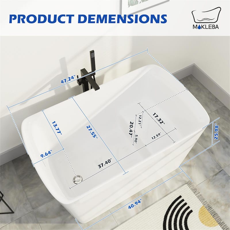 Mokleba 47" Matte Black Acrylic Freestanding-Soaking Bathtub With Seat