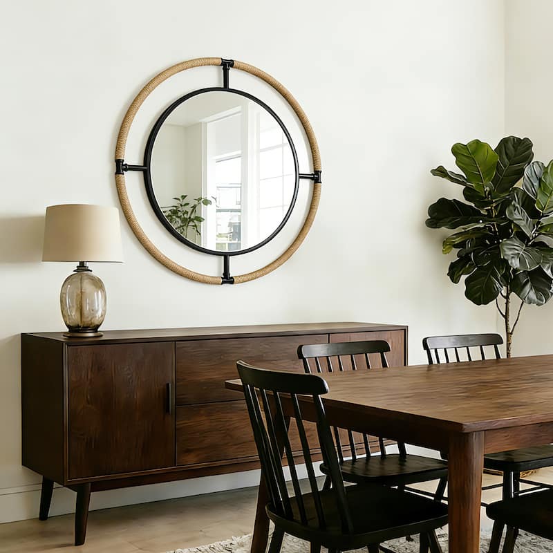 Coastal Rope & Iron Round Wall Mirror Hanging Decor for Living Room - 32"X32"