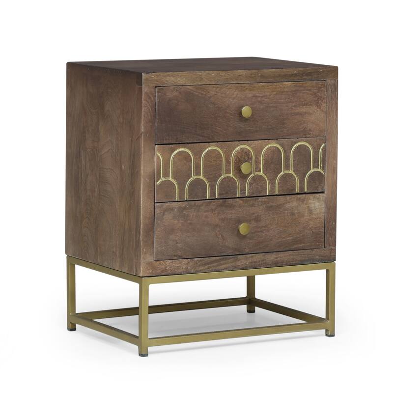 17.5" Mango Wood Nightstand with 3 Drawers in Walnut