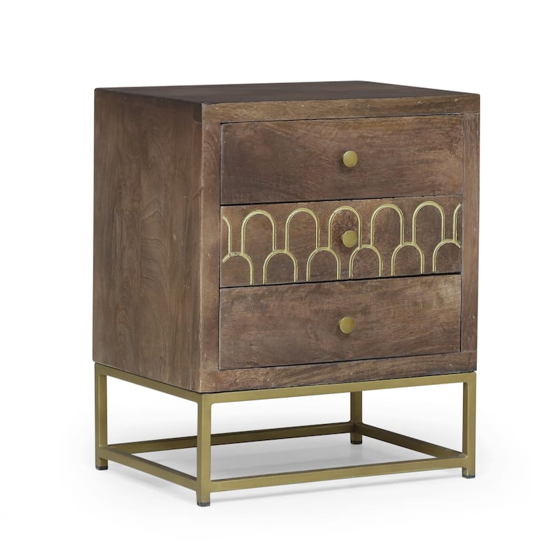 Contemporary Mango Wood Nightstand, Mid-Century Modern Design, Gold Accents, Durable Iron Frame, 3 Drawers