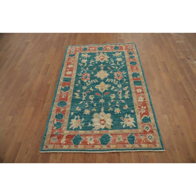 Hand Knotted Oriental 100% Wool Carpet Transitional All-Over Green Oushak Area Rug - 4' 11'' X 3' 0''