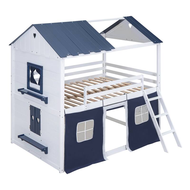 Twin Size Bunk Wood House Bed with Elegant Windows, Sills and Tent