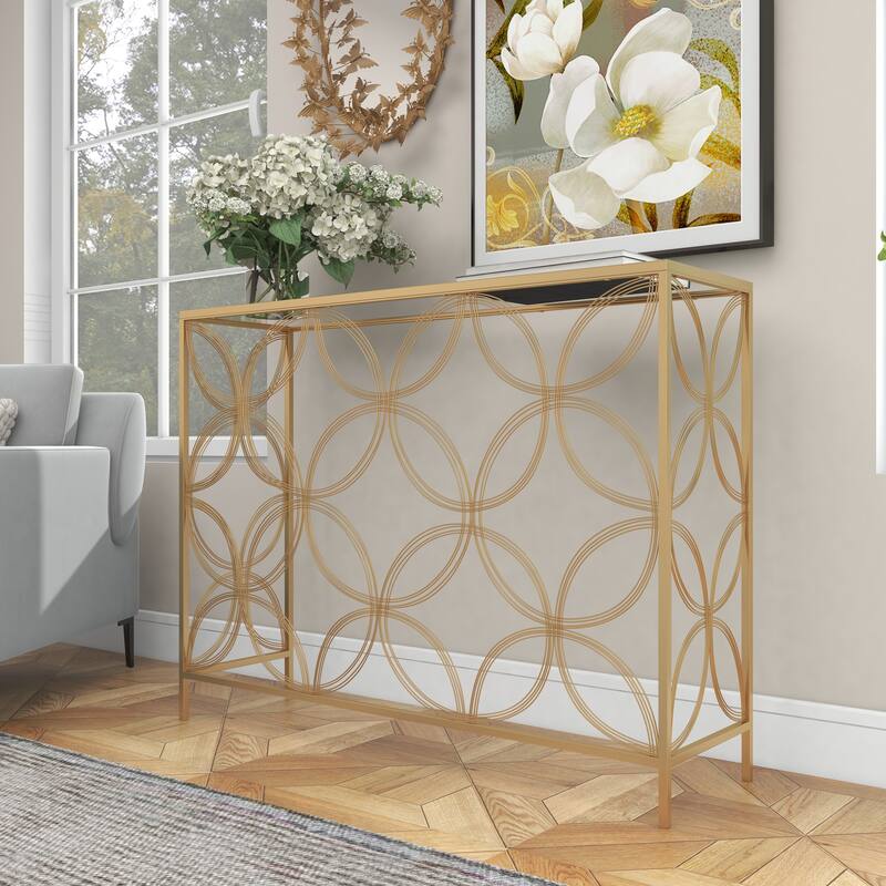 Gold Metal Open Style Quatrefoil Frame Geometric Console Table with Glass Top