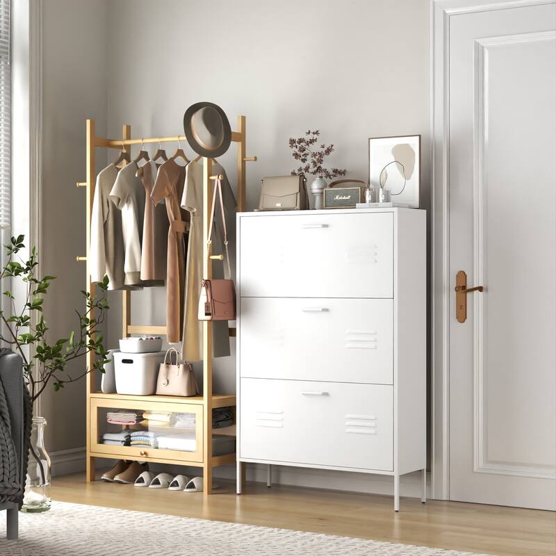 Shoe Storage Cabinet with 3 Flip Drawers, Freestanding Shoe Cabinet Organizer with Metal Frame for Entryway, Hallway, F