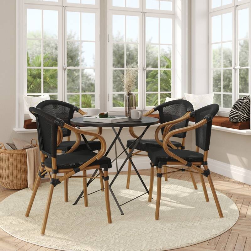 4 Pack All-Weather Commercial Paris Chairs with Arms and Metal Frame - BlackNaturalFrame