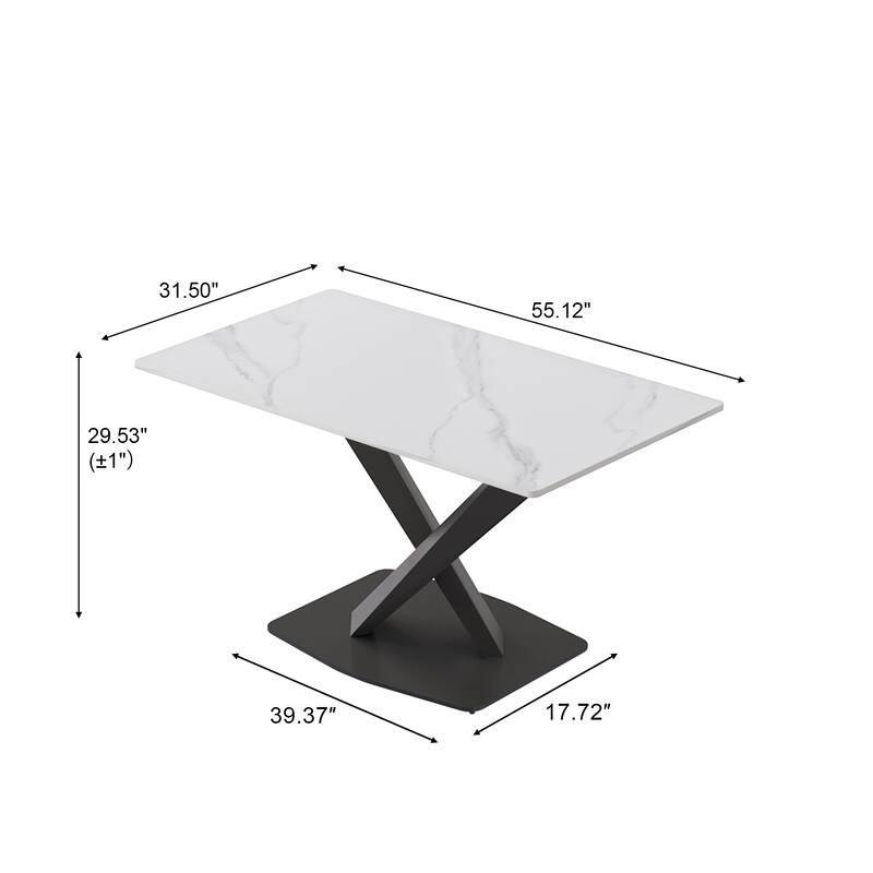 White 55 Inch Sintered Stone Kitchen Table with X-Shape Carbon Steel Pedestal, Minimalist Sintered Stone Tabletop