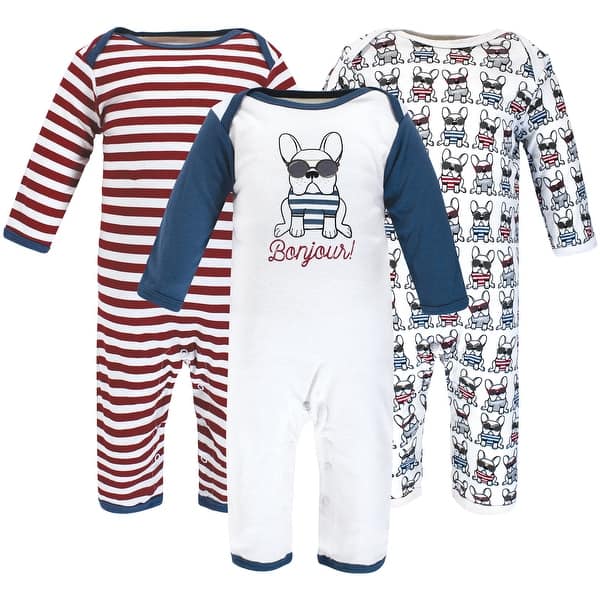 slide 1 of 1, Hudson Baby Infant Boy Cotton Coveralls, French Dog 0 - 3 Months - White/Blue/Red