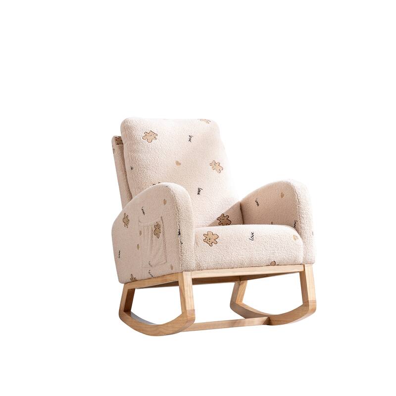 Boucle Fabric Rocking Chair with High Back, Side Pocket and Solid Wood Frame