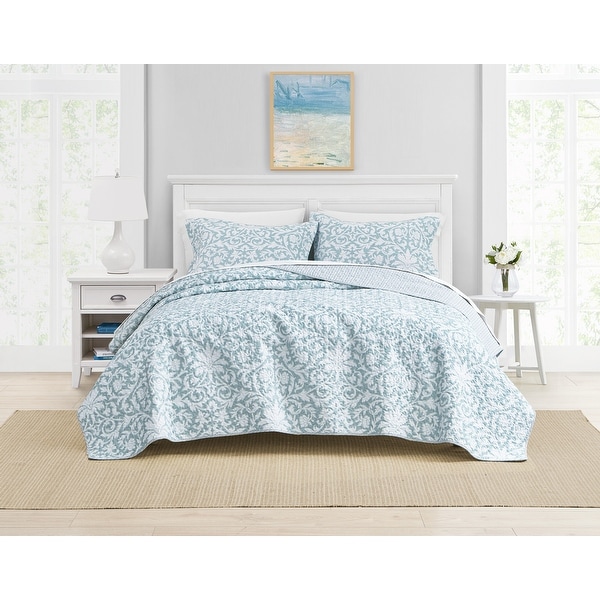 Tache 3PC Abstrac Reversible Floral Blue White Summer Bedspread Quilt Set 