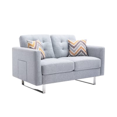 Linen Fabric Loveseat Chair Set, 2-Seater Sofa with Metal Legs, Small Loveseat Sofa with Side Pockets and Throw Pillows