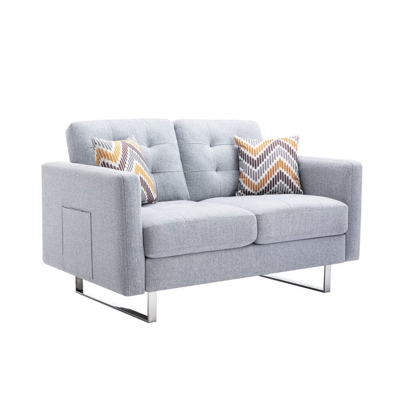 Linen Fabric Loveseat Chair Set, 2-Seater Sofa with Metal Legs, Small Loveseat Sofa with Side Pockets and Throw Pillows
