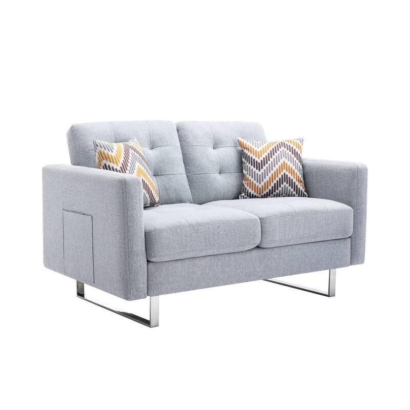 Victoria Linen Fabric Loveseat w/ Metal Legs Side Pockets and Pillows - Light Gray