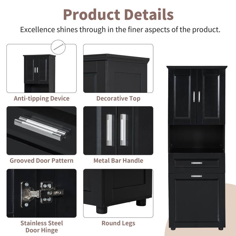 Freestanding Tall Bathroom Double Door Storage Cabinet with Removable Laundry Basket, Open Shelf, Drawer and Adjustable Shelf